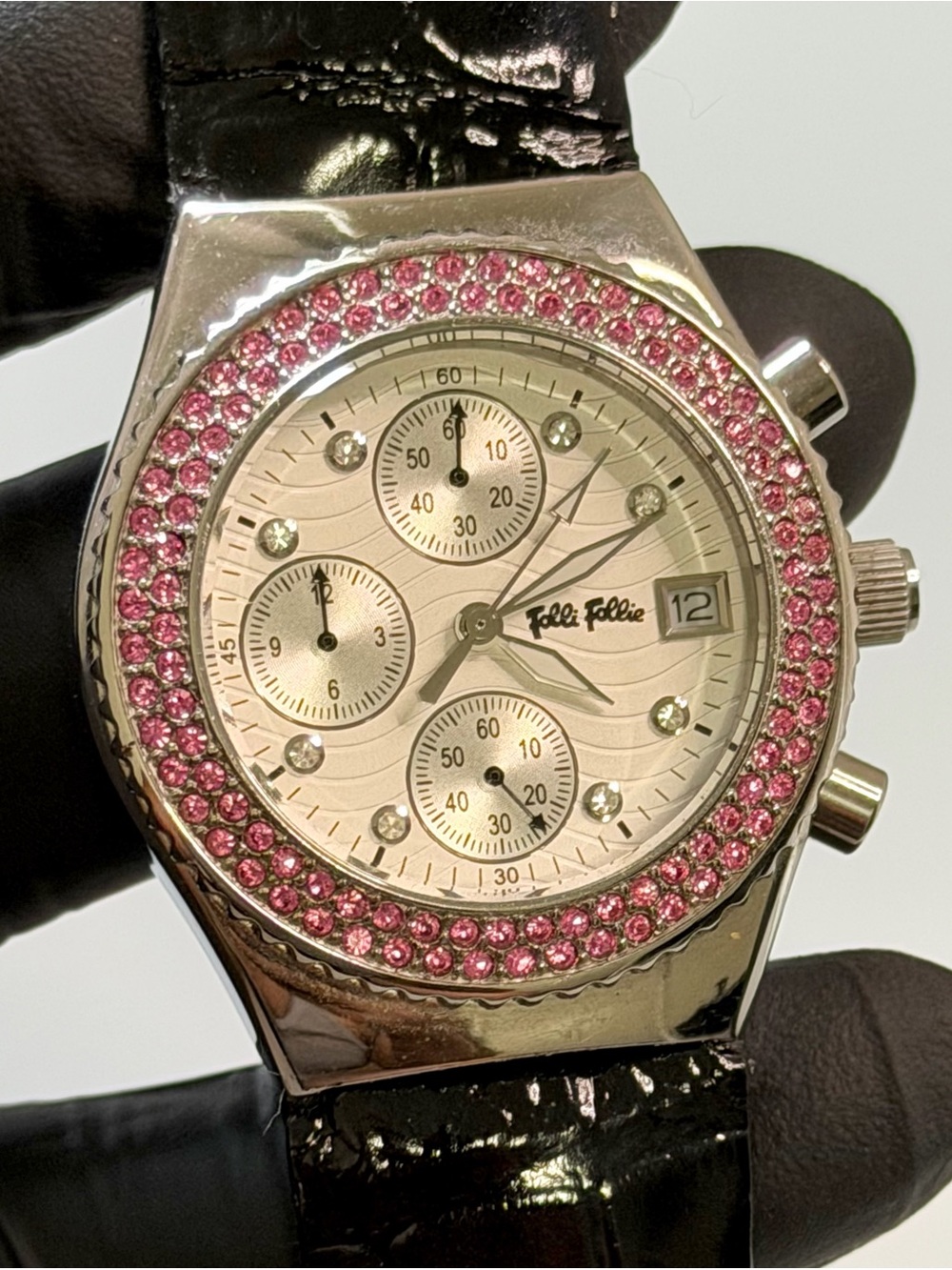 Folli Follie Chronograph Date Rhinestone Gemmed Silver SS 36mm Watch